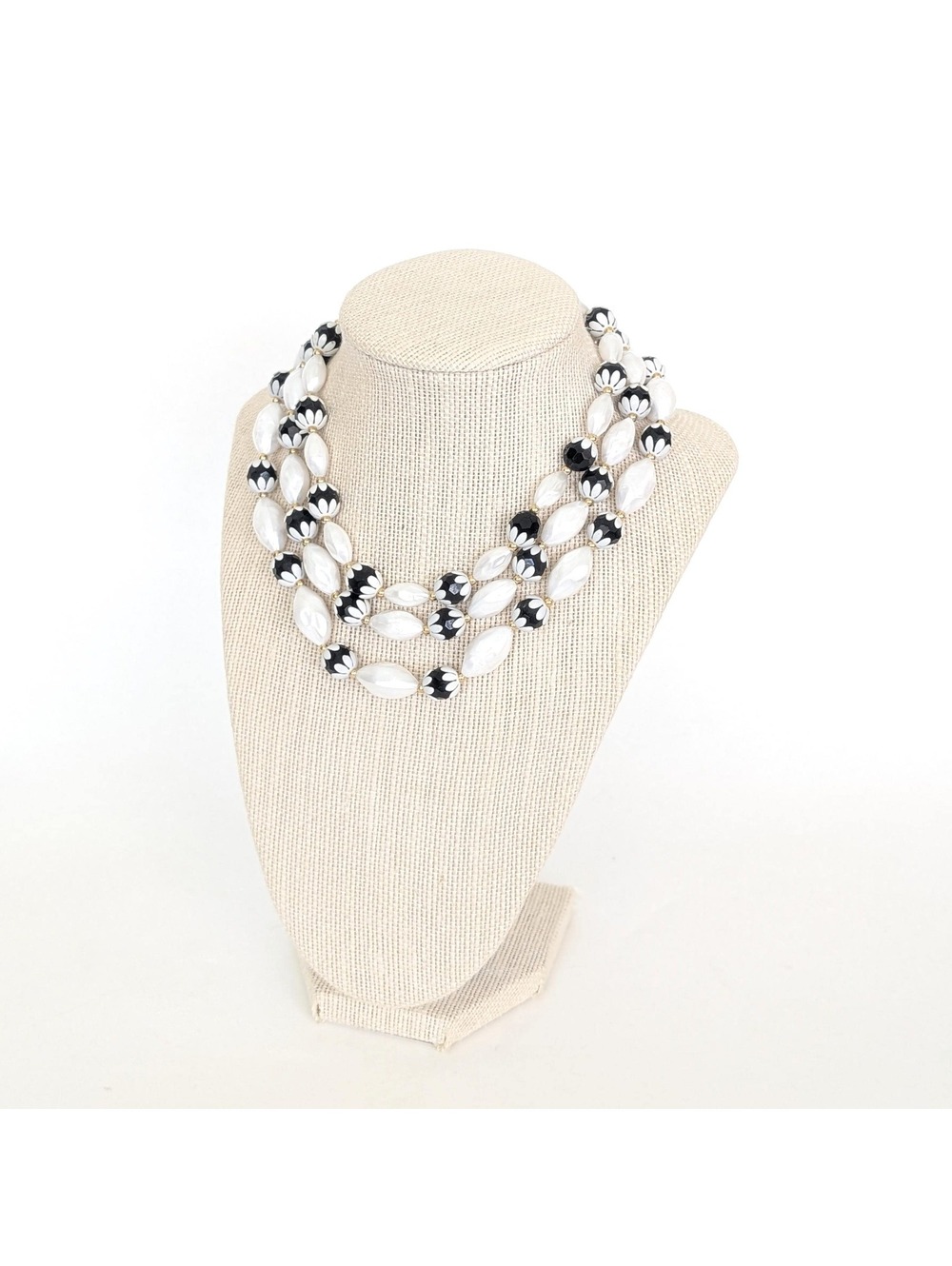 Vintage Deauville Style 3-Strand Beaded Necklace - White & Black